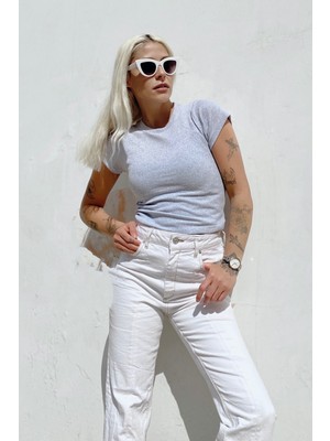 Swist Gri Bisiklet Yaka Kısa Kol Crop Bluz