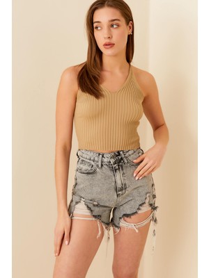 Swist Vizon Pena Sırt Çapraz Askılı Kadın Triko Crop