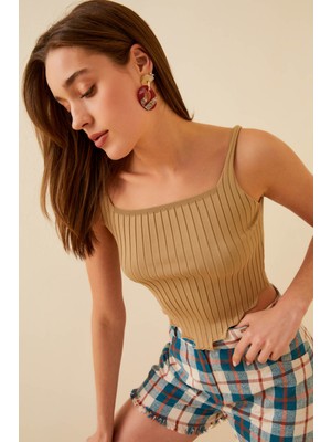 Swist Vizon Askılı Merdiven Kesim Kadın Triko Crop