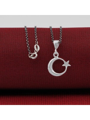 925 Gümüş Çift Taraflı Ay Yıldız 925 Ayar Gümüş Kadın Kolye