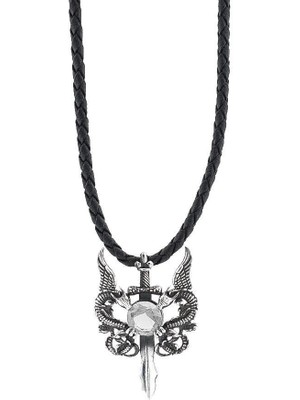 925 Gümüş Çift Ejderha Tasarımlı Hançer Detaylı Beyaz Zirkon Taşlı 925 Ayar Gümüş Deri Ipli Kolye