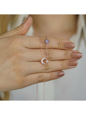 925 Gümüş Minimal Ay Yıldız Nazar Tasarımlı 925 Ayar Gümüş Kadın Kolye Rose