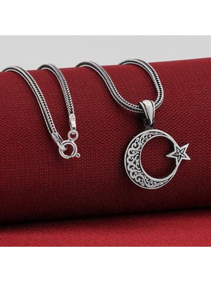 925 Gümüş Ay Yıldız Tasarımlı Desenli 925 Ayar Gümüş Kolye
