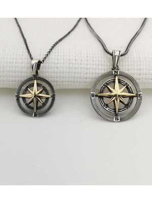 925 Gümüş 925 Ayar Gümüş Bay Bayan Çift Pusula Kolye