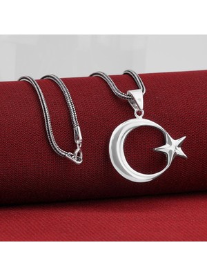 925 Gümüş Çift Taraflı Ay Yıldız 925 Ayar Gümüş Kolye