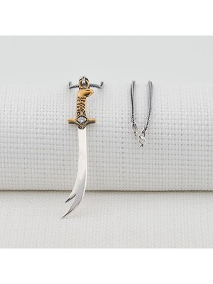 925 Gümüş Hz Ali Zülfikar Kılıç Tasarımlı Beyaz Taşlı Kalın Zincirli 925 Ayar Gümüş Kolye