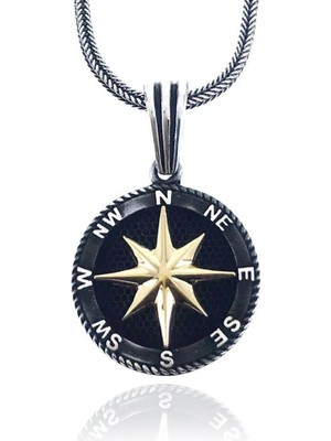 925 Gümüş Özel Pusula Tasarımlı 925 Ayar Gümüş Kolye 60 cm