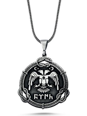 925 Gümüş Çift Başlı Kartal Tasarımlı Göktürkçe Türk Yazılı 925 Ayar Gümüş Kolye 60 cm