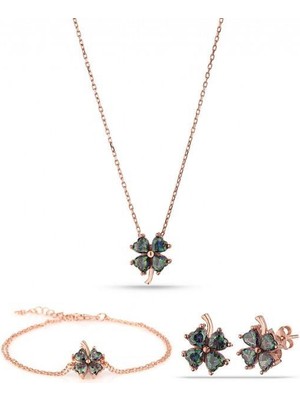 925 Gümüş Mistik Topaz Gümüş Yonca Set Kolye Küpe Bileklik