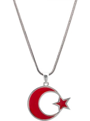 925 Gümüş 925 Ayar Gümüş  Kırmızı Renk Ay Yıldız Erkek Kolye