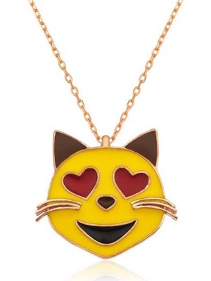 925 Gümüş Gümüş Kalp Gözlü Kedi Emoji Bayan Kolye