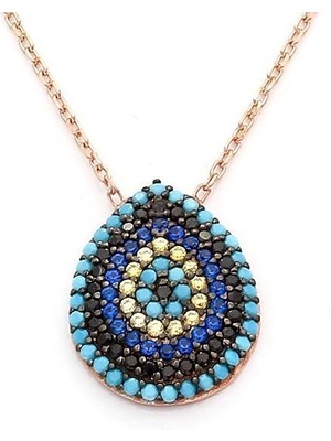 925 Gümüş Turkuaz Nano Taşlı Nazar Boncuğu Model Gümüş Kolye