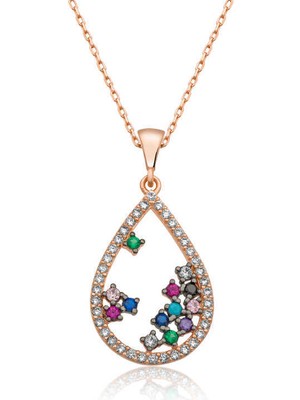 925 Gümüş ​gümüş Renkli Taşlı Damla Kolye