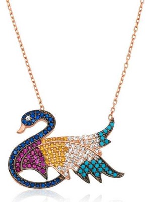 925 Gümüş Gümüş Renkli Taşlı Kuğu Kolye