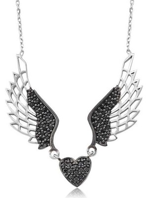 925 Gümüş Gümüş Siyah Kanatlı Kalp Bayan Kolye