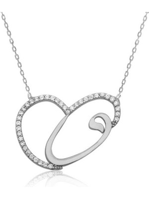 925 Gümüş Gümüş Kalpli Vav Bayan Kolye