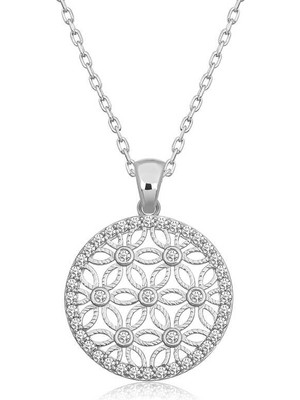 925 Gümüş Gümüş Beyaz Taşlı Yaşam Çiçeği Kadın Kolye