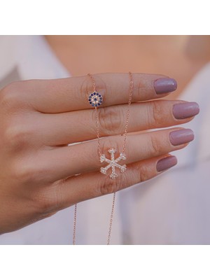 925 Gümüş Kar Tanesi ve Nazar Tasarımlı Rose Kaplama 925 Ayar Gümüş Kadın Kolye