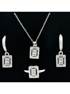 925 Gümüş Özel Pırlanta Tasarımlı 925 Ayar Gümüş Baget Set Kolye Küpe Yüzük