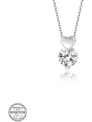 925 Gümüş Swarovski Taşlı Gümüş Kalp Tektaş Bayan Kolye