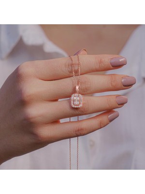 925 Gümüş Baget Taşlı Rose Kaplama 925 Ayar Gümüş Kadın Kolye