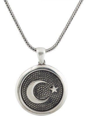 925 Gümüş 925 Ayar Gümüş Yuvarlak  Ay Yıldız Erkek Kolye