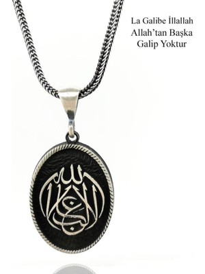 925 Gümüş La Galibe Illallah Allah'tan Başka Galip Yoktur Yazılı Kalın Zincirli Gümüş Kolye
