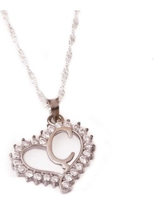 925 Gümüş Gümüş Ç Harfi Kalpli Bayan Kolye