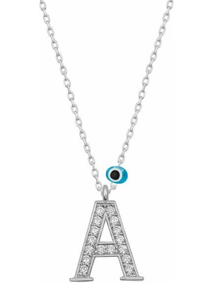 925 Gümüş Gümüş Nazar Rodyum A Harfi Kadın Kolye