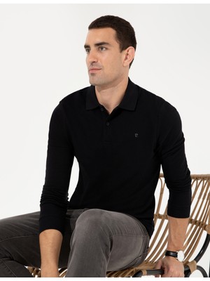 Pierre Cardin Erkek Siyah Slim Fit Polo Yaka Basic Sweatshirt 50261102-VR046