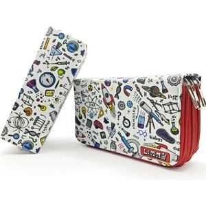 Kalem Kutusu Fen Bilimi Desenli Kawai Organizer Üç Bölmeli Kırmızı Kalemlik