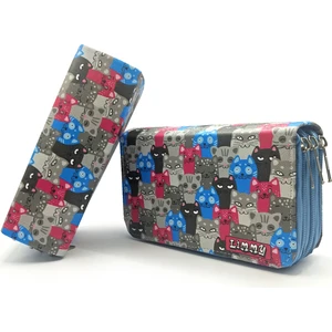 Kalem Kutusu Sevimli Kedi Desenli Fiber Deri Jumbo Boy 3 Bölmeli Mavi Organizer