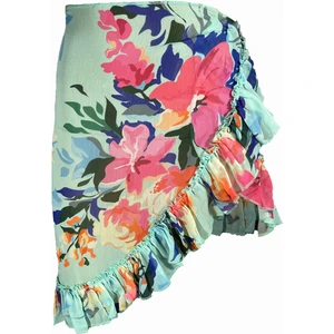 Frida Turkuaz Çiçek Desen Kısa Fırfırlı Pareo