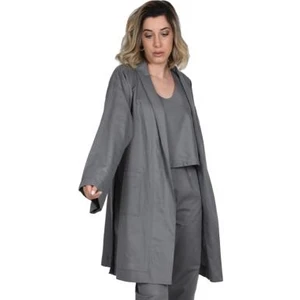 Dökümlü Keten Cepli, Kuşaklı Kimono-Gri