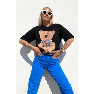 Siyah Bear Baskılı Bisiklet Yaka Tshirt