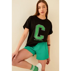 Siyah C Baskılı Oversize Kadın Tshirt