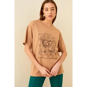 Vizon Sun And Moon Baskılı Oversize Kadın Tshirt