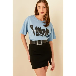 Mavi Visione Baskılı Oversize Kadın Tshirt