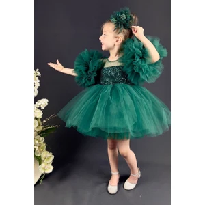 Abiye Kids Yeşil Pullu Kol Detaylı Tarz Çocuk Abiye