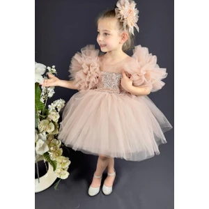 Abiye Kids Pudra Pullu Kol Detaylı Tarz Çocuk Abiye  ABY458