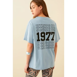 Mavi Vintage Sırt Baskılı Oversize Kadın Tshirt