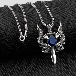 925 Gümüş Çift Ejderha  Tasarımlı Hançer Detaylı Mavi Zirkon Taşlı 925 Ayar Gümüş Kolye