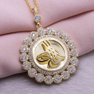 925 Gümüş 925 Ayar Gümüş Altın Kaplama Tuğralı Yuvarlak Kolye Model 7