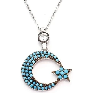 925 Gümüş Turkuaz Nano Taşlı Ayyıldız Model Bayan Gümüş Kolye
