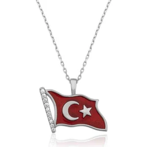 925 Gümüş Gümüş Türk Bayrağı Bayan Kolye