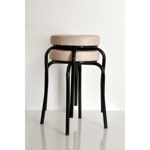 Akk Ticaret 2 Adet Desenli Krem Renk Kumaş Siyah Profil Demir Tabure Mutfak Taburesi