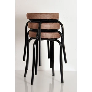 Akk Ticaret 3 Adet Desenli Kahverengi Renk Kumaş Siyah Profil Demir Tabure Mutfak Taburesi