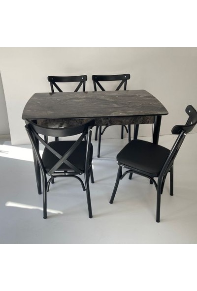 Özel Yapım Siyah Mermer Desenli Sabit 70 x 120 cm Mutfak Masa Takımı 6 Sandalyeli-