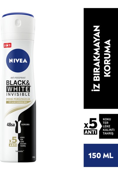 NIVEA Kadın Sprey Deodorant Black&White Invisible İpeksi Pürüzsüzlük 48 Saat Anti-perspirant Koruma 150ml