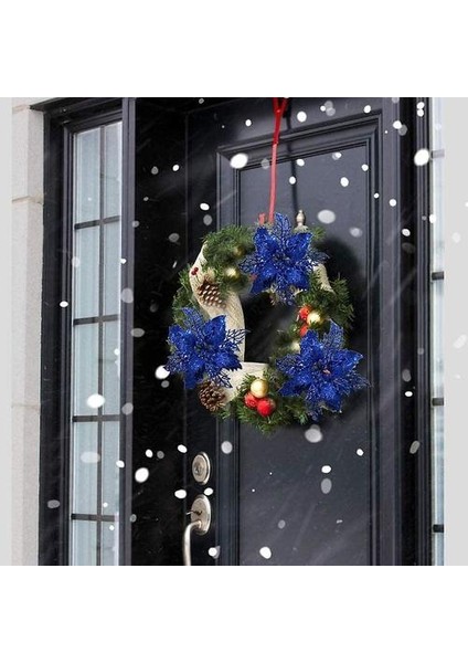(Kraliyet Mavi) 24 Adet Noel Glitter Poinsettia Yapay Çiçekler, Kraliyet Mavisi